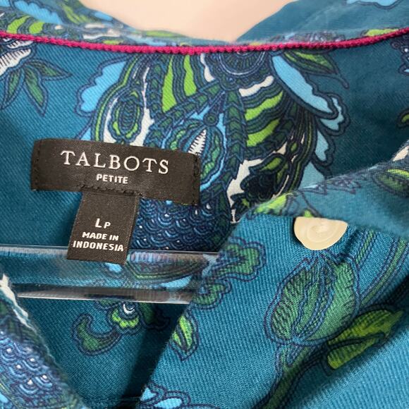 Talbots Petite | Teal Blue Paisley Floral Button Up Blouse 100% Cotton Womens LP - Picture 4 of 6